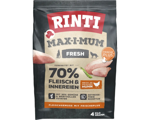 Hundefutter trocken, Rinti Max-i-mum Huhn getreidefrei 4 kg Rinti Max-I-Mum Fresh Hundefutter mit 70 Prozent Fleisch und Innereien vom Huhn, 4 Kilogramm
