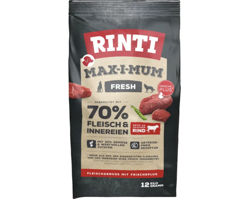 Croquettes pour chien, Rinti MAX-I-MUM boeuf 12 kg Rinti Max-I-Mum Fresh nourriture pour chiens avec 70 % de viande et d''abats, 12 kilogrammes