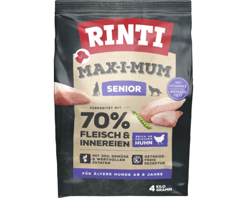 Hundefutter trocken RINTI Max-i-mum Senior Huhn 4 kg Rinti Max-I-Mum Senior Trockenfutter für ältere Hunde ab 8 Jahren, mit 70% Fleisch und Innereien, 4 Kilogramm
