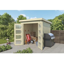Scène de jardin avec abri de jardin en bois, barbecue et outils de jardinage
