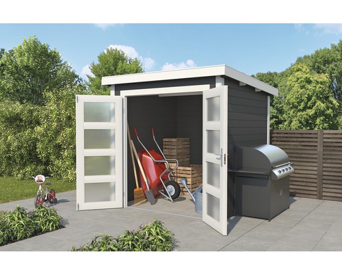 Abri de jardin en bois avec portes ouvertes, barbecue et outils de jardin