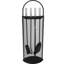 Garniture d’ustensiles de cheminée avec pelle, balai, tisonnier et support.