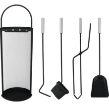 Serviteur de cheminée avec pelle, balai, tisonnier et pince