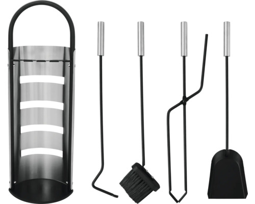 Serviteur de cheminée avec support, pelle, balai, tisonnier et pince