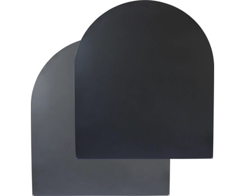 Rotheigner Stahlbodenplatte Segmentbogen 2-farbig eine Seite schwarz die andere Seite grau Rand schwarz 100 x 120 cm 1,5 mm stark Zwei schwarze Raumteiler mit abgerundeten Oberseiten.