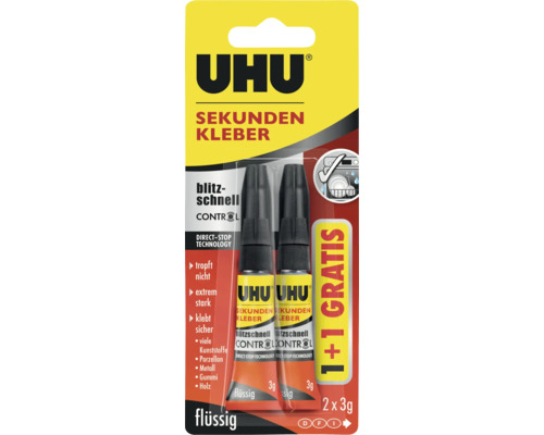 Uhu Sekundenkleber Flüssig 2 x 3g Uhu Sekundenkleber Control mit Direkt-Stop-Technologie, 2 mal 3 Gramm Packung