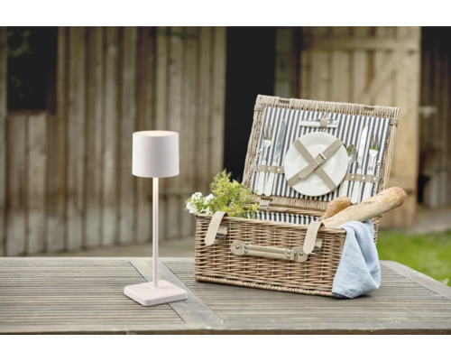 Scène avec une lampe de pique-nique et un panier de pique-nique sur une table en bois à l''extérieur.
