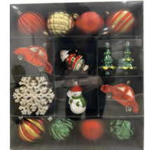 Set mit verschiedenen Weihnachtsbaumschmuckelementen in einer Verpackung, darunter Kugeln, ein Auto, ein Schneemann, ein Weihnachtsmann, eine Schneeflocke und ein Baum