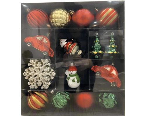 Weihnachtskugeln Lafiora 25er Set Kunststoff Figuren Familie Set mit verschiedenen Weihnachtsbaumschmuckelementen in einer Verpackung, darunter Kugeln, ein Auto, ein Schneemann, ein Weihnachtsmann, eine Schneeflocke und ein Baum