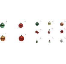 Weihnachtsbaumschmuck Set mit Kugeln, Auto, Tannenbaum, Schneemann, Weihnachtsmann und Schneeflocken