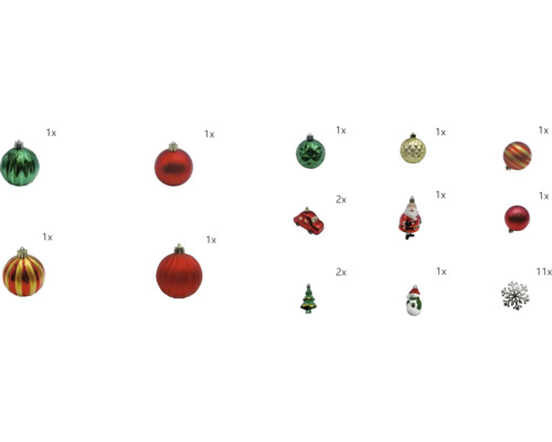 Weihnachtsbaumschmuck Set mit Kugeln, Auto, Tannenbaum, Schneemann, Weihnachtsmann und Schneeflocken