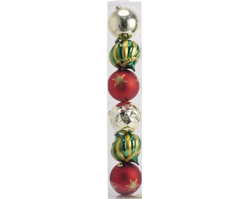Weihnachtskugeln Lafiora 6er Set Kunststoff grün rot Verpackung mit sechs Christbaumkugeln in verschiedenen Designs