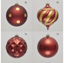 Set de boules de Noël comprenant deux boules de Noël à pois, deux boules de Noël à rayures, une boule de Noël à losanges et une boule de Noël lisse
