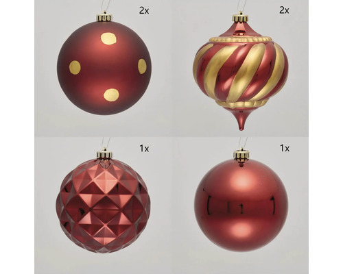 Set de boules de Noël comprenant deux boules de Noël à pois, deux boules de Noël à rayures, une boule de Noël à losanges et une boule de Noël lisse