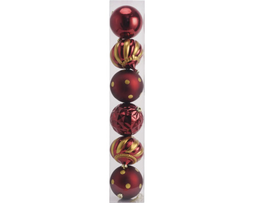 Décoration de Noël Lafiora pack de 6 boules KS aubergine Ensemble de six boules de Noël rouges avec différents motifs