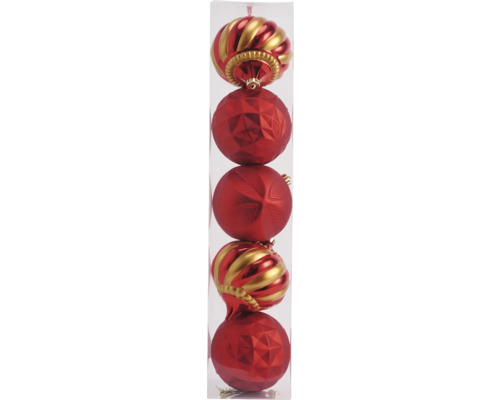 Weihnachtskugeln Lafiora 5er Set Kunststoff rot Packung mit roten Weihnachtskugeln mit verschiedenen Designs
