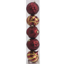 Lot de cinq boules de Noël rouges et dorées dans un tube transparent