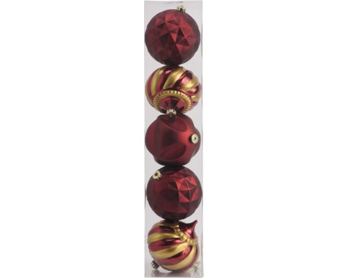 Décoration de Noël Lafiora pack de 5 boules KS aubergine Lot de cinq boules de Noël rouges et dorées dans un tube transparent