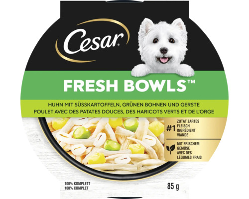 CESAR Fresh Bowls Huhn mit Süsskartoffeln, grünen Bohnen & Gerste 85 g Cesar Fresh Bowls Hundenahrung mit Huhn, Süsskartoffeln, grünen Bohnen und Gerste in 85 Gramm Verpackung