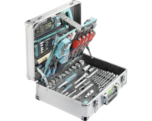 Mallette à outils ouverte avec divers outils tels que clés, tournevis et pinces
