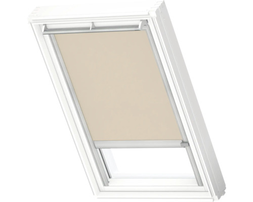 Store pour fenêtre de toit VELUX opaque beige avec cadre alu gris à entraînement solaire RSL U10 4155K Store beige dans une fenêtre de toit blanche