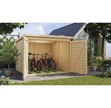 Garage à vélos en bois avec portes ouvertes et plusieurs vélos