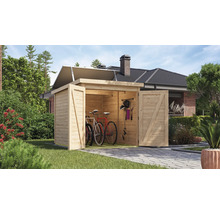 Abri de jardin en bois avec vélos et outils de jardinage