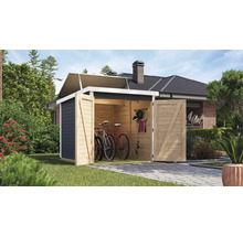 Abri de jardin en bois avec vélos et outils de jardin à l''intérieur
