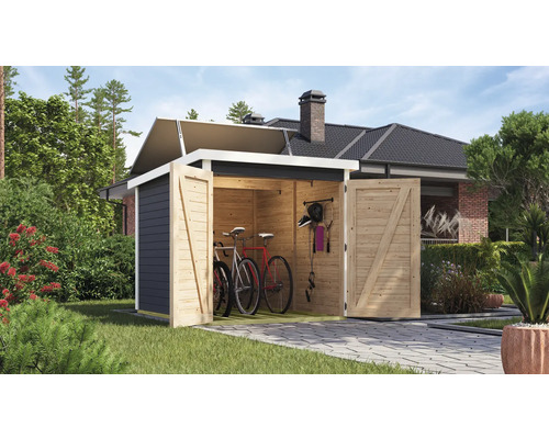 Abri à vélos Karibu 3 avec installation solaire 212,5 x 216,5 cm gris terre Abri de jardin en bois avec vélos et outils de jardin à l''intérieur