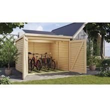 Cabane en bois ouverte avec vélos pour le stockage dans le jardin