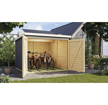 Garage à vélos en bois avec portes ouvertes et vélos