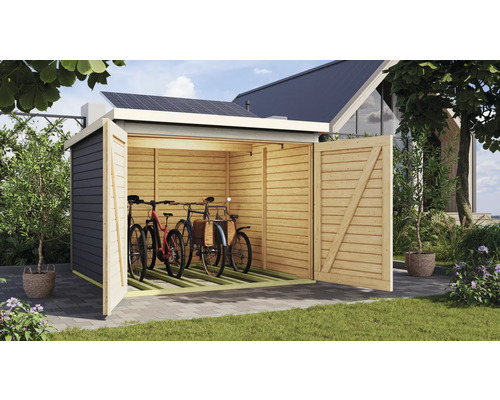 Abri à vélos Karibu 4 avec installation solaire 212,5 x 216,5 cm gris terre Garage à vélos en bois avec portes ouvertes et vélos