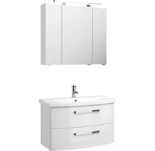 Badezimmer-Set bestehend aus dreitürigem Spiegelschrank mit LED-Leuchte, Waschbeckenunterschrank mit zwei Schubladen und Keramikwaschbecken.