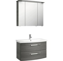 Badezimmer-Set bestehend aus Spiegelschrank mit Beleuchtung, Waschbecken und Unterschrank mit zwei Schubladen in dunkler Holzoptik.