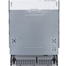 Vue arrière d'un lave-vaisselle, avec des détails sur les raccordements et l'installation.