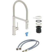 Robinet de cuisine avec flexible de douche, matériel de montage et tuyaux de raccordement