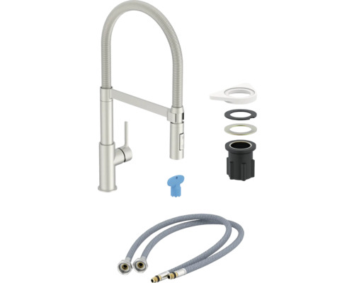 Robinet de cuisine avec flexible de douche, matériel de montage et tuyaux de raccordement