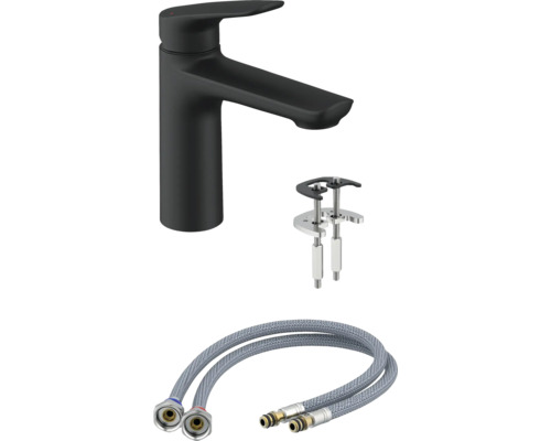 Schwarzer Waschtischmischer mit Montagezubehör und Anschlussschläuchen