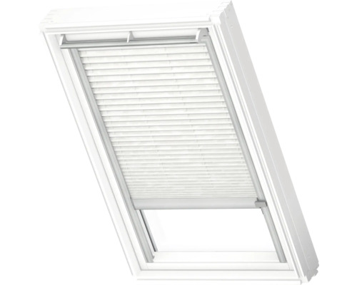VELUX Dachfenster Plissee blickdicht weiß gemustert mit grauem Alu-Rahmen elektronisch FML C02 1256K Dachfenster mit Plissee