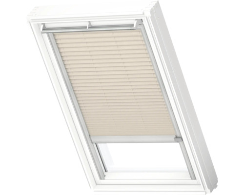 VELUX Dachfenster Plissee blickdicht hellbeige mit weißem Alu-Rahmen elektronisch FML C02 1259KWL Dachfenster mit Plissee zur Lichtregulierung