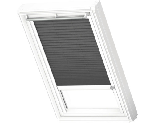 VELUX Dachfenster Plissee blickdicht graphitgrau mit weißem Alu-Rahmen elektronisch FML C02 1274KWL Dachfenster mit Verdunkelungsplissee
