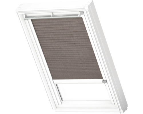 VELUX Dachfenster Plissee blickdicht mocca gepunktet mit weißem Alu-Rahmen elektronisch FML C02 1276KWL Dachfenster mit Plissee zur Lichtregulierung.
