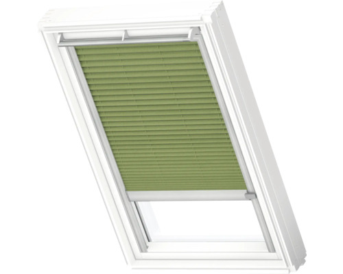 VELUX Dachfenster Plissee blickdicht moosgrün mit grauem Alu-Rahmen elektronisch FML C04 1280K Dachfenster mit Plissee zur Verdunklung