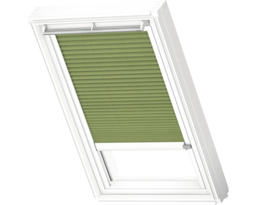 VELUX Dachfenster Plissee blickdicht moosgrün mit weißem Alu-Rahmen elektronisch FML C02 1280KWL Dachfenster mit Rollo