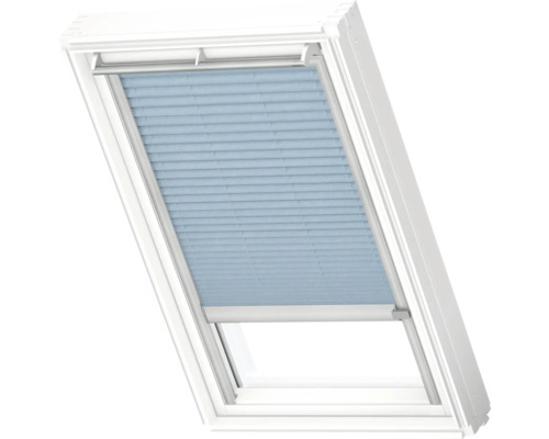 VELUX Dachfenster Plissee blickdicht denim mit grauem Alu-Rahmen elektronisch FML C04 1286K Dachfenster mit blauem Faltrollo zur Verdunkelung