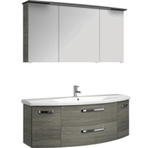 Badezimmermöbel-Set bestehend aus einem dreitürigen Spiegelschrank und einem Waschtischunterschrank in grauer Holzoptik mit weißem Keramikbecken.