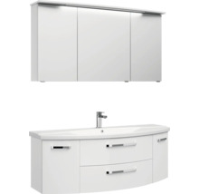 Badezimmermöbel-Set aus dreitürigem Spiegelschrank mit Beleuchtung und weißem Waschtischunterschrank mit Keramikwaschbecken.