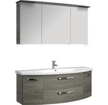 Badezimmermöbel-Set bestehend aus Waschtischunterschrank, Keramikwaschbecken, Armatur und dreitürigem Spiegelschrank in grauer Holzoptik.
