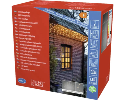 Emballage d''une guirlande de stalactites à LED pour l''extérieur avec 400 lumières couleur ambre