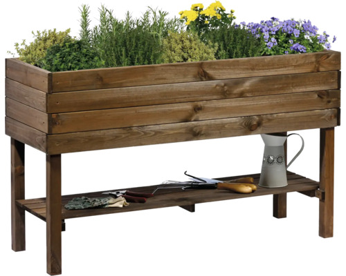 Jardinière sur pieds en bois avec plantes et étagère de rangement pour outils de jardinage